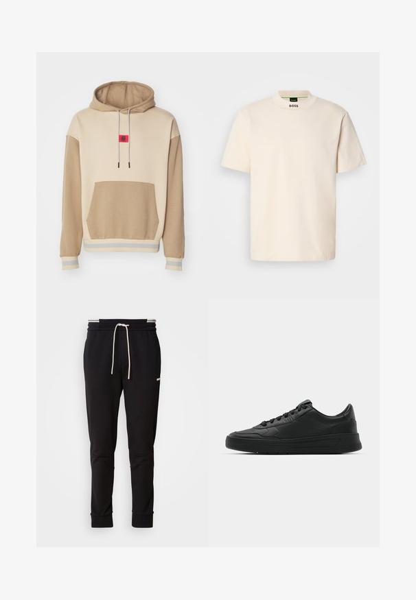 HUGO DICHECK - Sweatshirt - light beige; Kremfarget kortermet T-skjorte med høy krage, med "BOSS" trykket i svart på den fremre kragen og på innermetikk.; Sorte slim-fit joggebukser med hvit snor, ribbede mansjetter og subtil logo på den øvre låret mot en ensfarget bakgrunn.; Sorte sneakers med glatt skinnøvre, rund tå, flate lisser, polstret krage og minimalistisk design. Gummisåle med subtilt mønster.