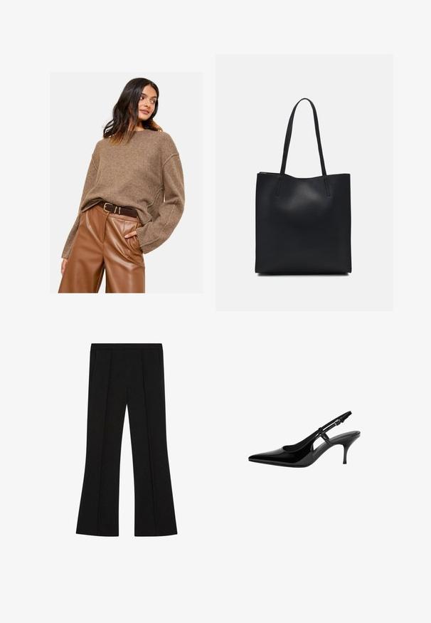 Hnědý pletený svetr s oversized rukávy, spárovaný s hnědými kalhotami z imitace kůže s vysokým pasem a tmavým pásem. Hladká textura a volný střih.; Černé elegantní kalhoty s vysokým pasem, předními sklady, bočními kapsami a mírným rozšířením nohavic.; Černé lakované kožené lodičky typu slingback s špičatou špičkou, otevřenými bočními výřezy, štíhlým podpatkem a nastavitelným páskem kolem kotníku.; Černá kožená taška přes rameno s hladkým povrchem, obdélníkovým tvarem a dvěma dlouhými uchy. Žádné viditelné kování ani ozdoby.; Hnědé kožené rukavice s hladkým povrchem, mají pět prstů, elastické zápěstí a dekorativní šití podél okraje.