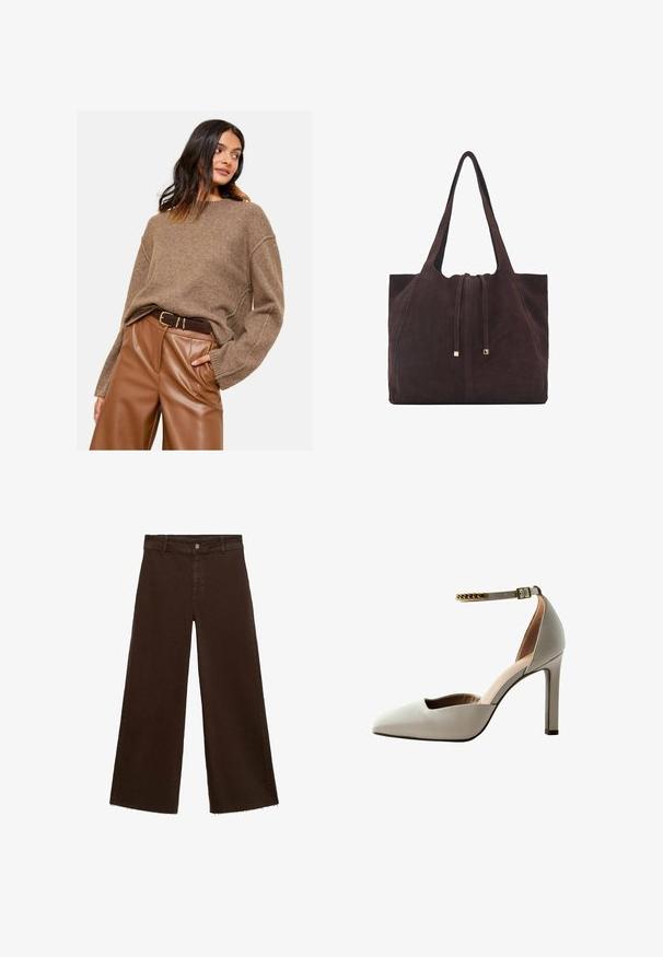 Brun stickad tröja med överdimensionerade ärmar, parat med högmidjade bruna fusk läderbyxor och ett mörkt bälte. Slät textur och avslappnad passform.; Bruna breda byxor i bomullsblandning med fransar vid fållen, framknäppning och klassisk femfickdesign. Minimalistiska och mångsidiga.; Ljusgrå högklackad sko med spetsig tå, öppen vampdesign, ankelrem och guldkedjeaccent. Slät läderstruktur.; Mango Shoppingväska - dark brown