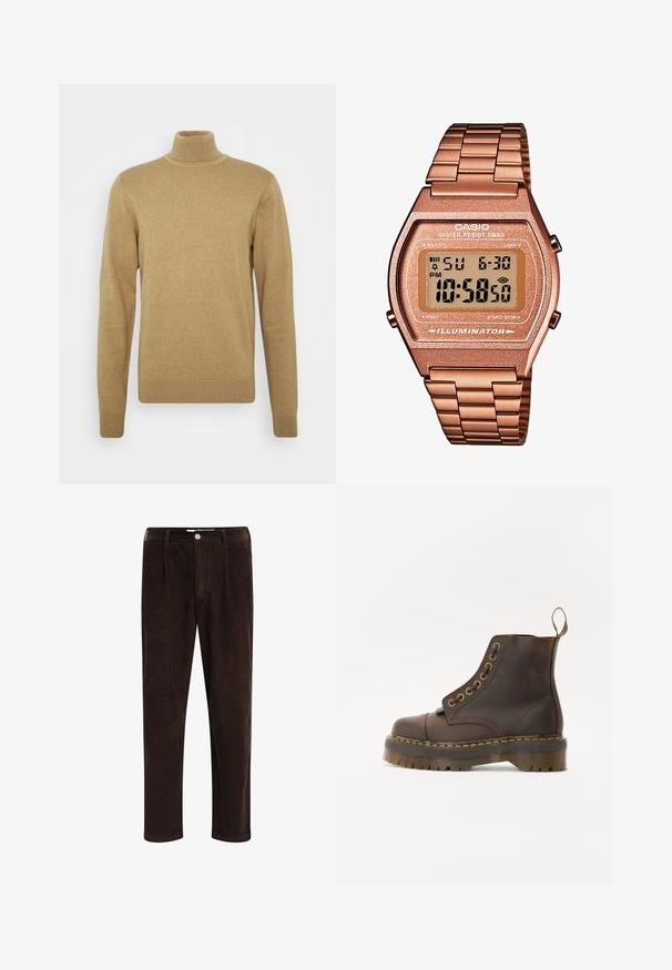 pull à col roulé beige en tissu tricoté doux. Doté de manches longues et d'une coupe ajustée. Accents côtelés au niveau de l'ourlet et du col.; Redefined Rebel JOHN COMFORT FIT - Pantalon classique - demitasse; Bottine en cuir marron avec un bout rond, des coutures jaunes contrastantes, des œillets en métal décoratifs et une semelle en caoutchouc rainurée.; Montre digitale Casio avec un bracelet en métal rose doré, un boîtier rectangulaire, un écran éclairé et une résistance à l'eau, affichant l'heure et la date.