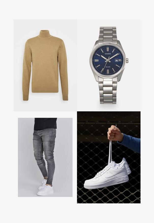 Beige turtleneck sweater made of soft knit fabric. Features long sleeves and a fitted design. Ribbed hem and collar accents.; Skinny jeans in faded gray denim, featuring distressed details at the knees, paired with white sneakers. Smooth texture, slim fit design.; White leather sneakers with perforations, round toe, flat sole, and thick laces, featuring a visible swoosh logo and "AIR" on the heel.; Silver stainless steel wristwatch with a navy blue dial, metallic hour markers, and a date window at 3 o'clock. Water-resistant to 50 meters.