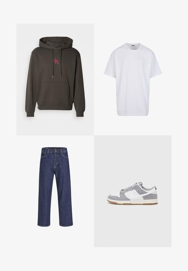 Hanorac cu glugă de culoare gri închis, cu un buzunar frontal, glugă cu șnur și logo-ul Calvin Klein în roz pe piept. Material din bumbac moale.; Tricou alb din bumbac cu mâneci scurte, decolteu rotund, croială lejeră și fără logo-uri sau modele vizibile. Textură netedă și design minimalist.; Jeans din denim albastru închis, cu o croială dreaptă, design cu cinci buzunare, închidere cu nasture metalic și cusături contrastante, având o textură subtilă.; Sneaker gri și alb, cu un superior din suede și piele, vârf rotund, șireturi plate și o talpă din cauciuc ce prezintă un accent de culoare gum.