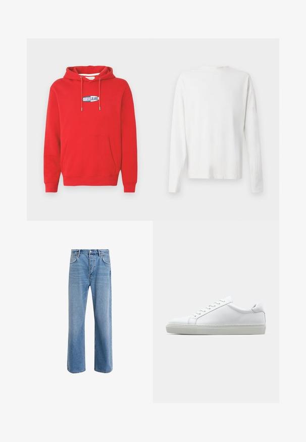 Sweatshirt com capuz vermelho feito de tecido macio, apresenta um bolso frontal, capuz com cordão e um emblema azul e branco "GUESS JEANS" no peito.; Camisa de algodão branca de mangas longas com decote redondo, fendas laterais na parte inferior e uma textura suave, mostrada de trás.; Calças de ganga azul claro com um design de perna reta, cinco bolsos, fecho de botão, desgaste mínimo e detalhes de costura em contraste.; Sapatilha branca com um cabedal em couro liso e de perfil baixo. Apresenta um bico redondo, seis ilhoses e uma sola de borracha texturizada.