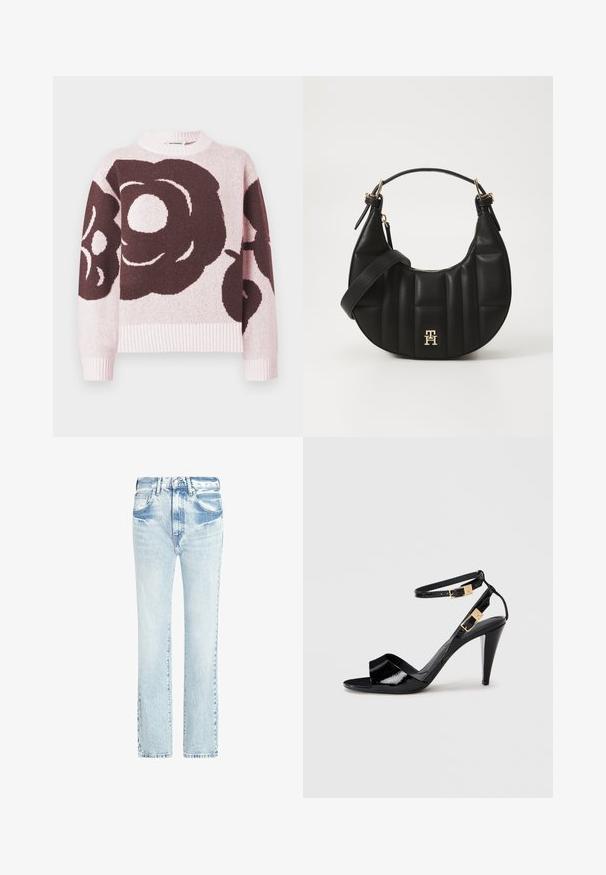 Strikket genser med et stort, mørkt blomsterprint på en lys rosa bakgrunn. Ribbestrikket halslinning og mansjetter, myk tekstur.; Lys blå denim jeans med rett ben-design, fem lommer og en falmet tekstur. Har synlig søm og en klassisk knappelukking.; Svart patentlær høyhælte sandaler med doble ankelstropper og gullspenner, åpen tå og slank, avsmalnende hæl på nøytral bakgrunn.; Svart skinnhåndveske med en buet form, kviltet tekstur og gullhardware. Har en avtagbar skulderrem og logo-detaljer.
