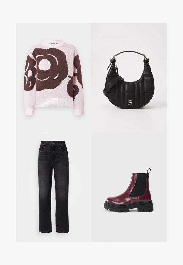 Kötött pulóver, világos rózsaszín alapon nagy sötét virágminta. Bordázott nyakkivágás és mandzsetták, puha tapintás.; Fekete farmernadrág magas derekú, egyenes szárú, öt zsebes kialakítással és enyhe kopással. Gombos záródással és övhurkokkal rendelkezik.; Fényes bordó bőrből készült bokacsizma, masszív fekete talppal és fekete elasztikus oldalsó panellel, amely hétköznapi vagy divatos viseletre készült.; Fekete bőrtáska ívelt formával, steppelt textúrával és arany hardware-rel. Levehető vállpánttal és logó részlettel rendelkezik.