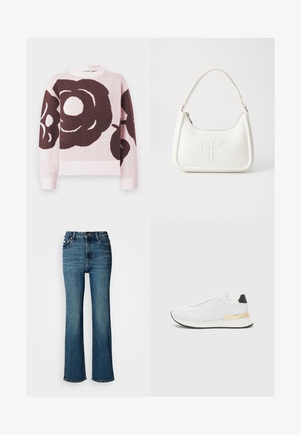 Pulover iz pletenine z velikim temnim cvetličnim vzorcem na svetlo roza podlagi. Rebrast izrez in manšete, mehka tekstura.; Visoko pasne modre jeans hlače iz denima, s straight leg dizajnom, rahlim bledenjem in standardnim gumbom ter zadrgo.; Bela tenisa z gladko površino, ki se ponaša z črnimi detajli na peti in zlatim kovinskim dodatkom na srednjem delu podplata. S sistemom vezalk, gumijast podplat.; Bela usnjena torbica s ukrivljeno obliko, ki na sprednji strani nosi vžgano logo "CK" in ima eno naramnico. Zadrga za zapiranje na vrhu.
