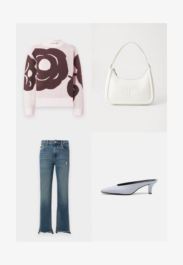 Gestrickter Pullover mit einem großen dunklen Blumenmuster auf einem hellrosa Hintergrund. Gerippter Ausschnitt und Bündchen, weiche Textur.; Blaue Jeans aus Denim mit leichter Used-Optik, rohen, ausgefransten Säumen, Fronttaschen, Gürtelschlaufen und Knopfverschluss.; Helles blaues Lackleder-Mule mit spitzem Zehenbereich, niedrigem transparentem Absatz und einem eleganten Design, das einen Ausschnitt im Vorderblatt aufweist.; Weiße Lederhandtasche mit abgerundeter Form, ausgestattet mit einem geprägten "CK"-Logo auf der Vorderseite und einem Einzel-Schultergurt. Reißverschluss oben.