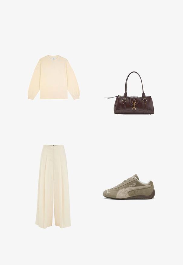 Cream-colored long-sleeve sweatshirt in soft fabric with a round neckline and relaxed fit. Features ribbed cuffs and a simple design.; Wide-leg trousers in light beige fabric, featuring pleated front design, high waist, and smooth texture. No visible hardware or patterns.; Suede sneakers in light brown with darker accents, featuring a low-profile design, lace-up closure, and branded logo on the side.; Dark brown leather handbag with two top handles, gold hardware accents, a front clasp detail, and stitched textures on the sides.