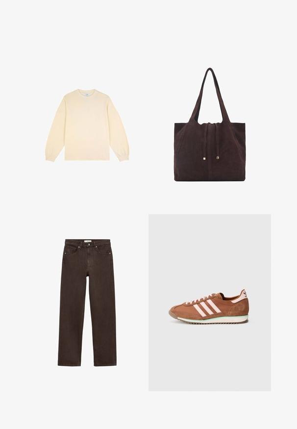 Cream-colored long-sleeve sweatshirt in soft fabric with a round neckline and relaxed fit. Features ribbed cuffs and a simple design.; Brown wide-leg jeans made from denim, featuring a classic five-pocket design, button closure, and subtle stitching details.; Brown and pink Adidas sneaker with suede details, three pink stripes on the side, and a white sole with a green accent.; Mango Tote bag - dark brown