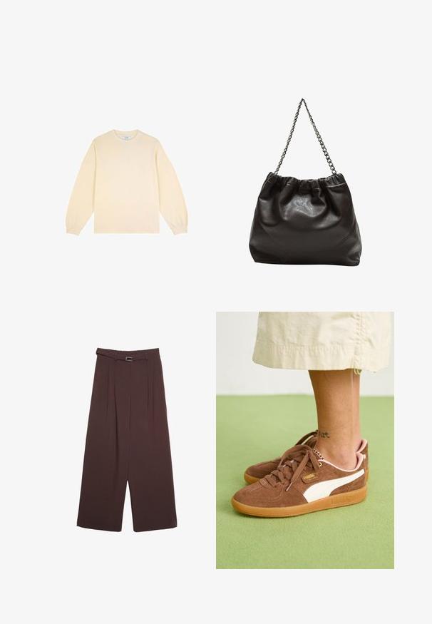 Kermainen pitkähihaisen collegepaita pehmeästä kankaasta, jossa on pyöreä kaula-aukko ja rento istuvuus. Varustettu ribbausmainen hihansuut ja yksinkertainen muotoilu.; Stradivarius WIDE-LEG WITH BUCKLE DETAIL - Housut - dark brown; Ruske nubuk kengät valkoisilla yksityiskohdilla, kumipohjalla ja vaaleanpunaisella kantapäällä. Nauhat ja brändityyli näkyvät. Nilkatatuointi osittain näkyvissä.; Ruskea nahkainen laukku, jossa on kerätty yläosa ja ketjuhihna. Tasainen pinta, jossa kiiltävä viimeistely ja hienovaraiset sauman yksityiskohdat sivuilla.