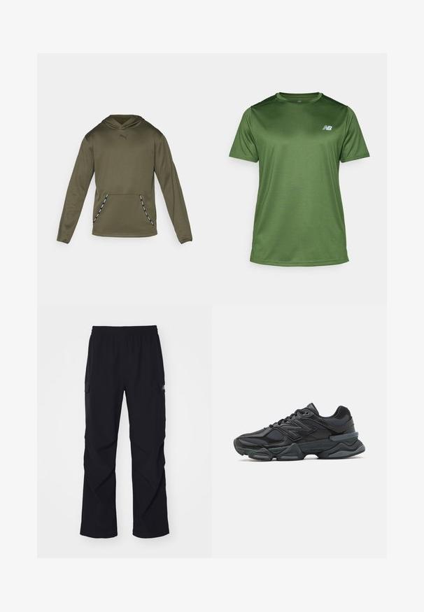 Sudadera verde oliva con capucha ajustable, mangas largas y un bolsillo tipo canguro en la parte frontal. Presenta el logo de Puma en negro y acentos laterales con un diseño.; New Balance Camiseta deportiva - dark alpine green; Pantalones cargo negros de material ligero, con cintura elástica, bolsillos laterales y diseño de pierna recta.; Zapatilla de running negra que presenta una combinación de malla y materiales sintéticos, suela gruesa, diseño curvado y una marca prominente en el costado.