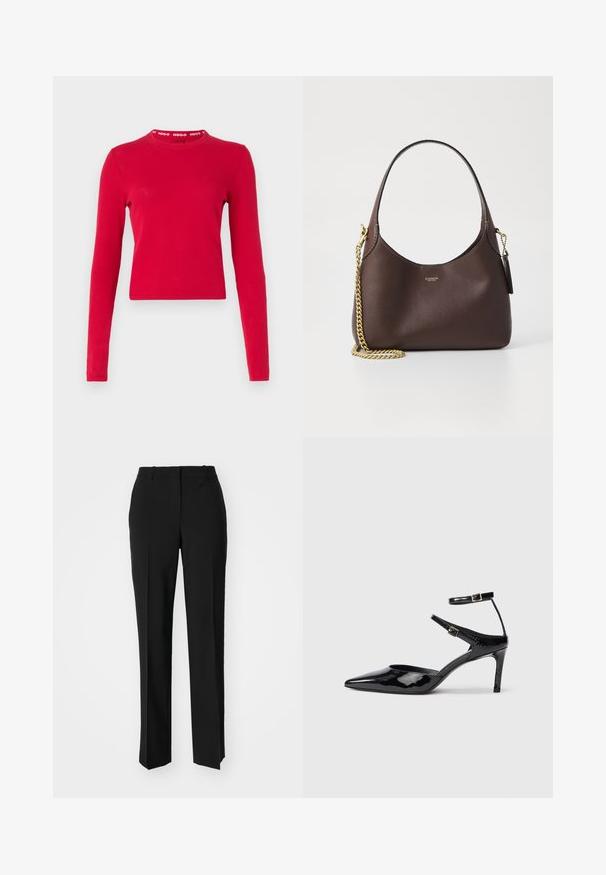 Raudonas ilgomis rankovėmis marškinėliai, pagaminti iš medvilnės, su prigludusia forma. Turi apvalų kaklą ir išryškintą apykaklę su baltais "HUGO" logotipais.; Juodi pritaikyti kelnių modeliai su tiesiomis kojomis, pasižyminčios lygiomis tekstūromis ir ryškiomis klostėmis priekyje. Nėra matomų detalių.; Juodos lakinės odos aukštakulnės su smailiu koja, reguliuojamais kulkšnies dirželiais ir lieknu kulnu. Lygus paviršius su blizgiu apdaila.; COACH BROOKLYN SHOULDER BAG 23 - Rankinė - maple