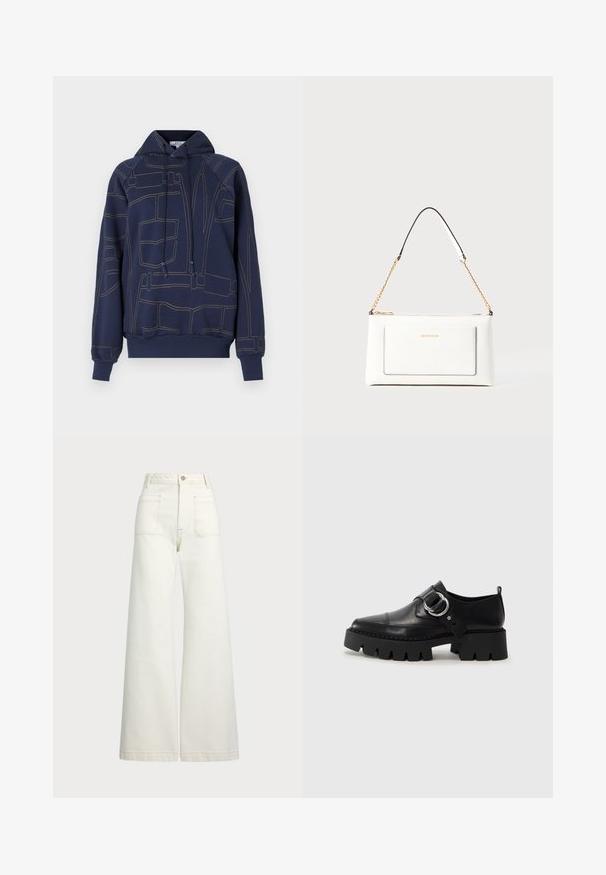 Sweatshirt azul marinho em tecido suave, com costuras douradas contrastantes em padrões geométricos. Inclui capuz com cordão e punhos canelados.; Jeans de perna larga em denim off-white. Design de cintura alta com fecho de botão, dois bolsos frontais e detalhes de costura em contraste.; Sapatos pretos de couro com sola grossa e estriada, apresentando um detalhe em hardware prateado circular e costura mínima.; Bolsa de mão branca em couro com acabamento texturizado, featuring a corrente dourada e detalhes pretos. Inclui um bolso frontal e fecho com zipper.