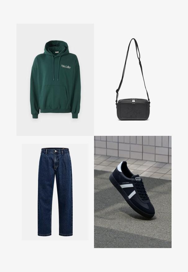 Tamsiai žalios spalvos džemperis, pagamintas iš minkštos medžiagos, su kengūros kišene, raišteliais ir balta teksto reklama kairėje krūtinės pusėje.; Tamsiai mėlynos džinsinės kelnės su tiesiu sijonu. Savybė - matoma siūlė, mygtuko uždarymas ir priekinei daliai raukiniai, suteikiantys papildomą detales.; Juodas odinis sportinis batelis su baltais dryžiais, tekstūruota gumine padais ir raišteliais priekyje. Yra prekės ženklą žymintis etiketė ant liežuvio.; Juodas odinis per petį nešiojamas krepšys su užtrauktuku, iškilniu logotipu priekyje ir reguliuojama dirželiu. Lygus paviršius, stačiakampio formos.