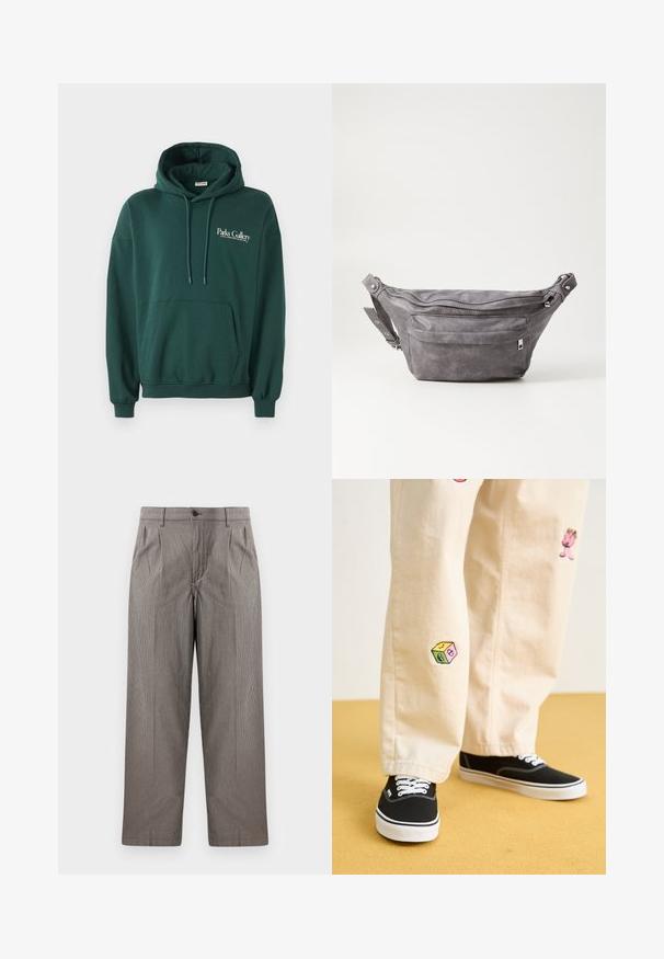 Haut à capuche vert foncé en tissu doux, avec une poche kangourou, des cordons de serrage et un logo en texte blanc sur la poitrine à gauche.; Pantalon en motif pied-de-poule gris avec une coupe droite, doté de plis, d'une taille avec fermeture à bouton et de poches latérales.; Pantalon en coton beige avec des motifs brodés ludiques, incluant un personnage rose et un bloc de couleur, associé à des baskets noires à lacets.; Sac banane en suède gris avec une forme arrondie, deux compartiments zippés et une sangle réglable. Comprend des accents en métal.