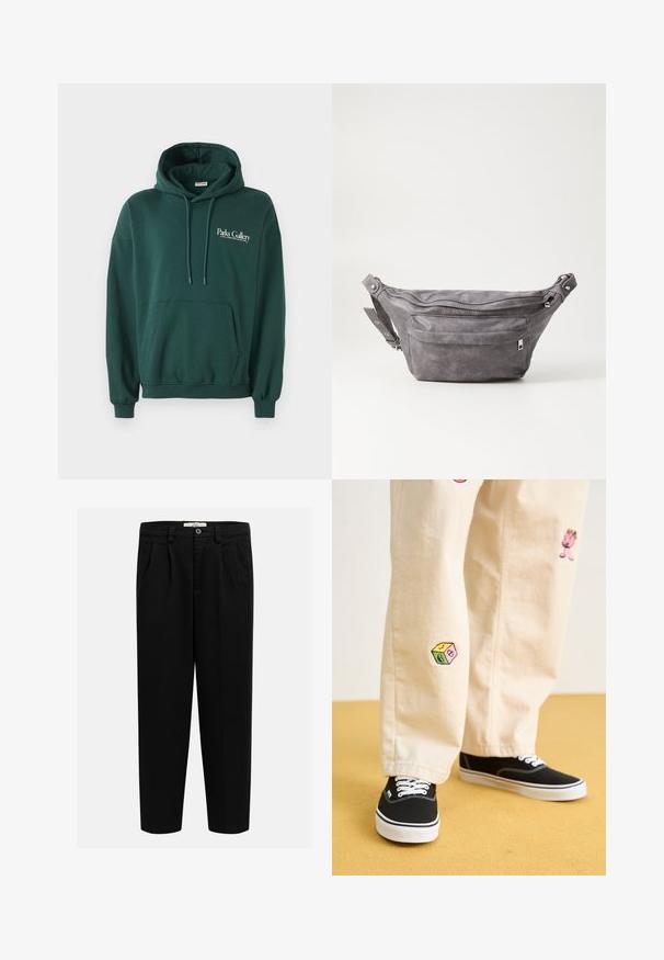 Temno zelena kapuca iz mehke tkanine, z kenguru žepom, vrvicami in belim logotipom na levi strani prsnega koša.; Črne hlače iz mehke tkanine, s pravim krojem, sprednjimi gubami in gumbom za zapiranje na pasu.; Bežna bombažna hlače z igrivimi vezeninami, ki vključujejo roza lik in barvni blok, v kombinaciji s črnimi čipkastimi športnimi copati.; Sivkasta zamšasta torbica s okroglo obliko, dvema žepoma na zadrgo in nastavljivim trakom. Ima kovinske dodatke.