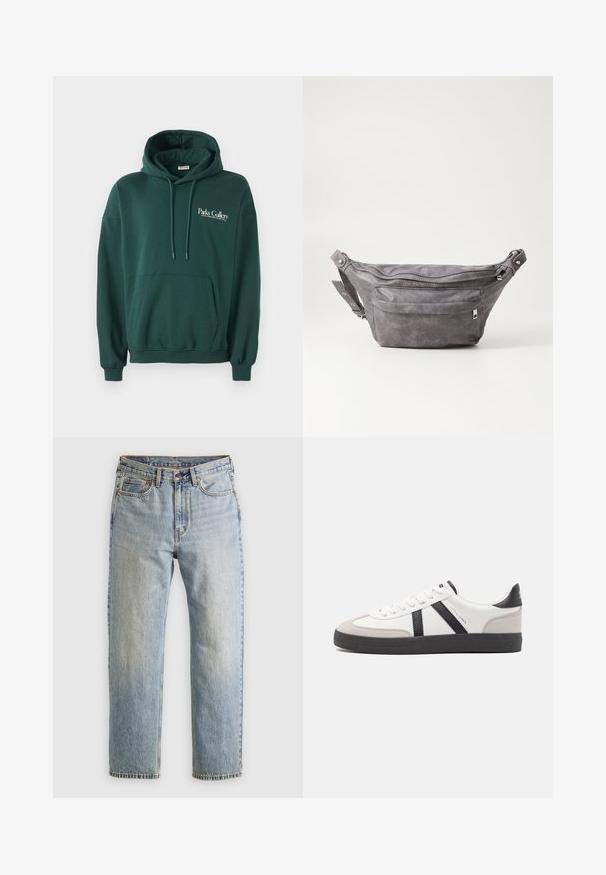Hanorac de culoare verde închis, realizat dintr-un material moale, având o buzunar tip kangur, șnururi și un logo alb pe partea stângă a pieptului.; Jeans din denim de culoare albastru deschis, cu talie înaltă, nasture frontal, fermoar și design cu cinci buzunare, așezate platesc pe un fundal neutru.; Sneaker alb cu accente negre și gri, având un capac de vârf gri texturat, talpă din cauciuc negru și șireturi plate albe. Design elegant, stil minimalist.; Borseta gri din suede, cu o formă rotunjită, două compartimente cu fermoar și curea ajustabilă. Are accente din metal.