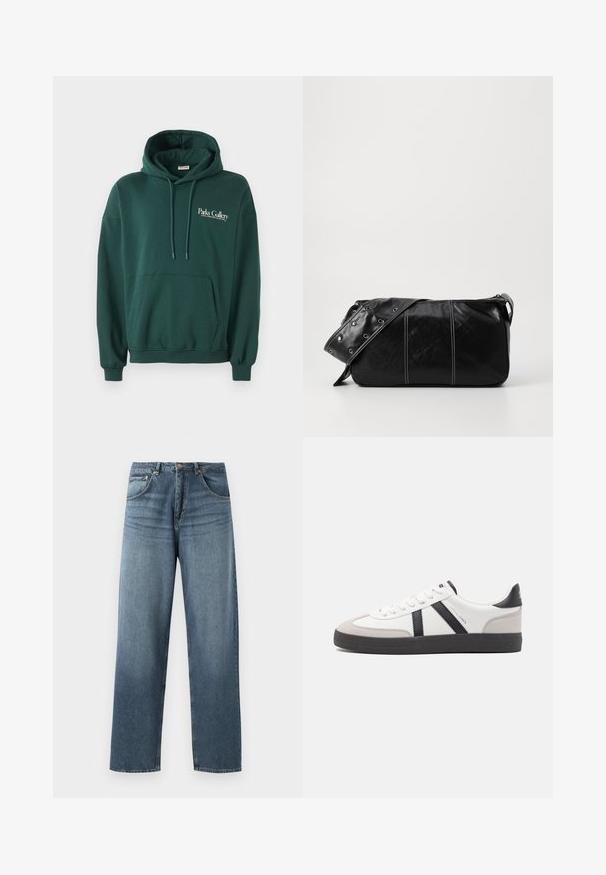 Dunkelgrüner Hoodie aus weichem Material, mit einer Kängurutasche, Bindebändern und einem weißen Textlogo auf der linken Brustseite.; Gerade geschnittene blaue Jeans aus Denim mit gewaschenem Finish, ausgestattet mit einem Fünf-Taschen-Design, Metallknopf und Gürtelschlaufen. Robustes, mittelschweres Material.; Weiße Sneaker mit schwarz- und grau-aczenten, ausgestattet mit einer strukturierten grauen Zehenkappe, schwarzer Gummi-Sohle und flachen weißen Schnürsenkeln. Sauberes Design, minimalistische Stil.; Schwarze Leder Schultertasche mit Reißverschluss, ausgestattet mit einer strukturierten Oberfläche, weißen Nähten und einem Tragegurt mit silbernen Ösen.