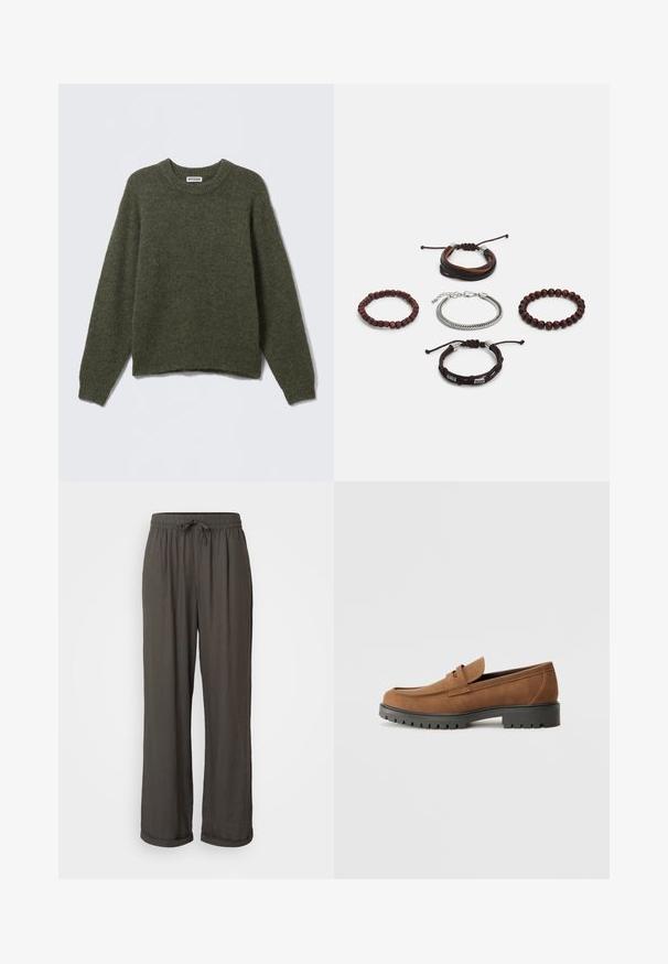 Oliven grøn strikket sweater med rund hals, lange ærmer og ribbede manchetter. Blød tekstur og afslappet pasform, med en let cropped talje.; Mørkegrå vide bukser med snøre i livet, lavet af et blødt, struktureret stof, med oprullede manchetter ved anklerne.; Brune Suede loafers med en rund tå og en lav sort gummisål, der har et dekorativt bånd og syninger på overdelen.; Sæt af fem armbånd medbrunt læder, træperler og en sølvkæde; varierede teksturer og former med justerbare lukkemekanismer.