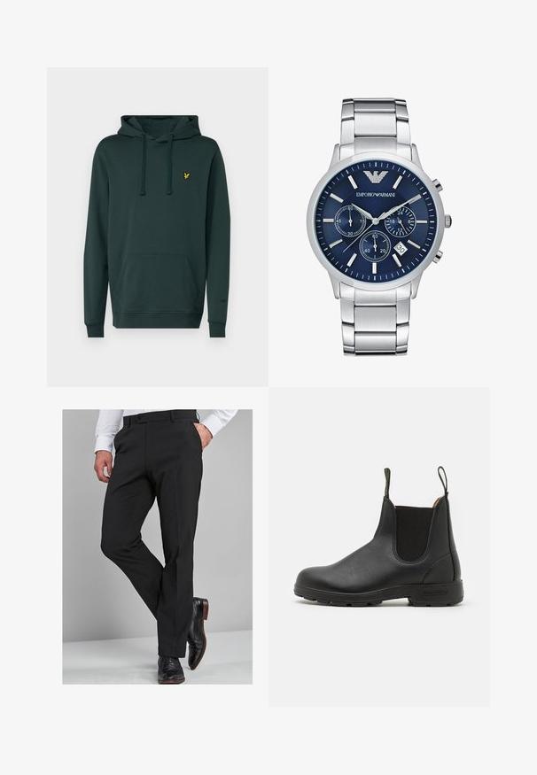 Sötétzöld kapucnis pulóver, puha anyagból, kenguruzsebbal és állítható húzózsinórral, a mellkason egy kis sárga logóval.; Fekete öltöny nadrág, testhezálló szabással, sima felülettel, egyenes lábszárral és övhurkokkal, fényes fekete öltönycipővel párosítva.; Fekete bőr Chelsea csizma rugalmas oldalsó panelekkel, húzófüllel, masszív gumitalppal és steppelt részletekkel. Simább textúra az egész felületen.; Emporio Armani Kronográf óra - silver-coloured