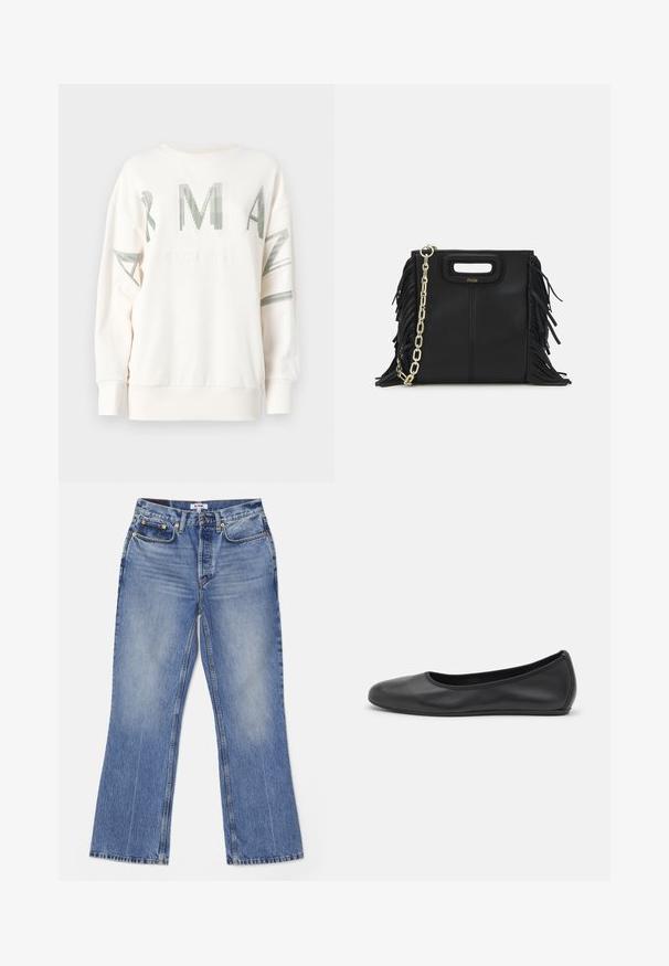 Felpa color crema con testo grafico e linee verdi. Presenta un collo tondo, maniche lunghe e polsini a costine con una vestibilità comoda.; RE/DONE LOOSE - Jeans bootcut - hacienda; Pantofole da balletto nere in pelle con punta arrotondata, texture liscia, dettagli di cucitura minimi e design con suola flessibile.; Borsa a tracolla in pelle nera con dettagli a frangia, catena dorata e manico ritagliato. Presenta il logo sulla parte anteriore.