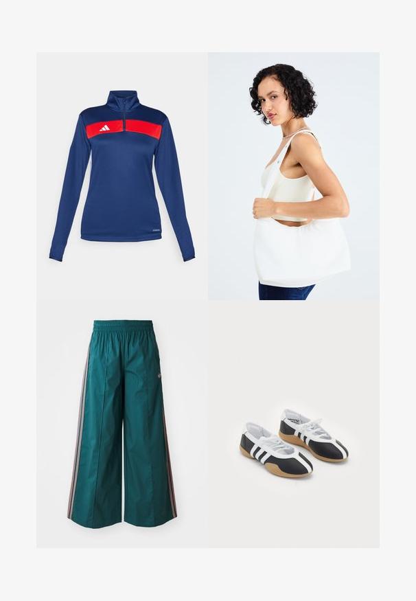 Haut à manches longues quart de zip bleu marine avec une bande horizontale rouge, logo blanc, texture lisse et design ajusté. Tissu performant.; Pantalons larges teal avec une taille élastique, dotés d'accents rayés en rose et blanc sur les côtés, fabriqués en tissu léger.; Baskets de sport noir et blanc au design élégant, semelle en caoutchouc, fermeture à lacets et trois rayures blanches sur les côtés.; Sac à épaule blanc en matériau lisse, doté d'une découpe ovale et d'une large sangle. Simple et moderne, sans quincaillerie visible.