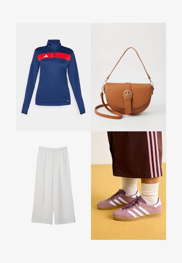 Námornícka dlhá rukávová polovičná zipsová mikina s červeným horizontálnym pruhom, bielym logom, hladkou textúrou a priliehavým strihom. Výkonová látka.; Biele široké nohavice z ľahkého materiálu s elastickým pásom a šnúrkou na nastavenie veľkosti. Hladká textúra.; Fialové semišové tenisky s bielymi pruhmi, gumenou podrážkou a textúrovanými detailmi, v kombinácii s rebrovanými bielymi ponožkami a hnedými teplákmi s ružovými pruhmi.; Hnedá kožená kabelka cez telo s zakriveným tvarom, zlatými kovovými doplnkami a akcentom s prackou. Obsahuje odnímateľný ramenný popruh.