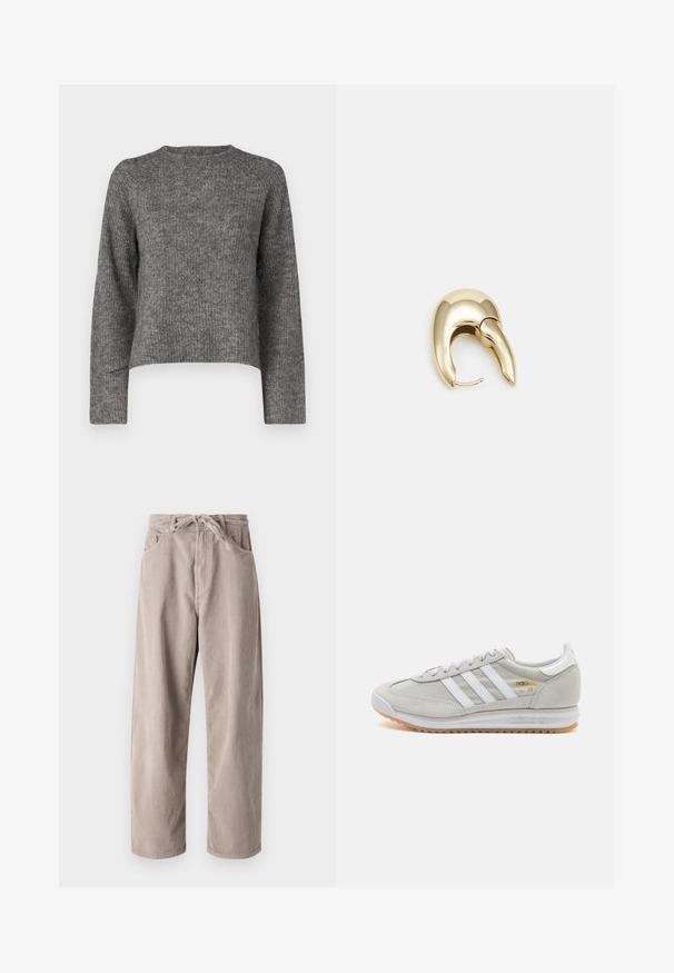 Szary sweter z dzianiny z długimi rękawami, okrągłym dekoltem i luźnym krojem. Teksturowana tkanina i krótka długość. Brak dodatkowych szczegółów.; Beżowe spodnie w chód kordurowym o luźnym kroju, z elastycznym ściągaczem w pasie, dwoma przednimi kieszeniami i pionowym prążkowanym wzorem.; Jasnoszare sneakersy wykonane z zamszu i siateczki, z trzema białymi paskami, okrągłym noskiem i gumową podeszwą. Złoty akcent logo w pobliżu sznurowadeł.; Złote metalowe kolczyki o eleganckim, zakrzywionym kształcie. Posiadają charakterystyczny szpiczasty kształt, polerowaną powierzchnię oraz zapięcie na zawias.