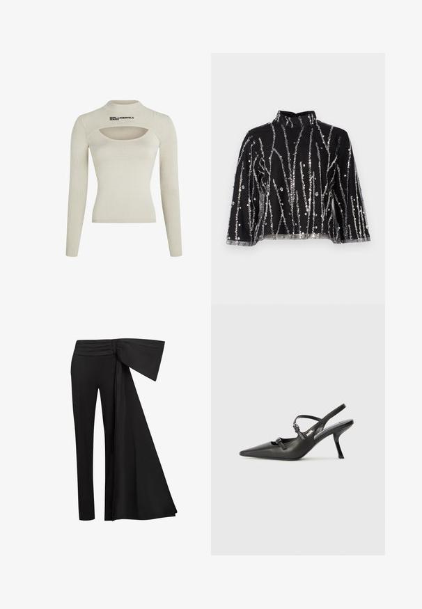 Jasno beżowa, prążkowana bluzka z długim rękawem i wysokim dekoltem oraz detalem wycięcia, z logo "KARL LAGERFELD JEANS" w kolorze czarnym.; Czarny krótki top z wysokim dekoltem, zdobiony pionowymi liniami z srebrnych cekinów, z przezroczystymi rękawami oraz fakturowanym materiałem.; Czarne spodnie z szerokim, drapowanym paskiem w talii. Gładki materiał, prosty krój nogawki i plisowany pasek w talii.; Czarne skórzane sandały na obcasie typu slingback z wydłużonym noskiem, smukłym obcasem i ozdobnym zapięciem na cholewce. Gładka tekstura i elegancka forma.