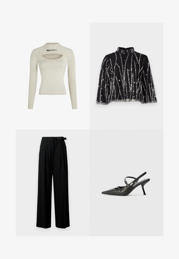 Jasno beżowa, prążkowana bluzka z długim rękawem i wysokim dekoltem oraz detalem wycięcia, z logo "KARL LAGERFELD JEANS" w kolorze czarnym.; Czarny krótki top z wysokim dekoltem, zdobiony pionowymi liniami z srebrnych cekinów, z przezroczystymi rękawami oraz fakturowanym materiałem.; Czarne spodnie szerokie w nogawkach z wysokim stanem, z plisami z przodu oraz paskiem z klamrą. Wykonane z gładkiego, lekkiego materiału.; Czarne skórzane sandały na obcasie typu slingback z wydłużonym noskiem, smukłym obcasem i ozdobnym zapięciem na cholewce. Gładka tekstura i elegancka forma.