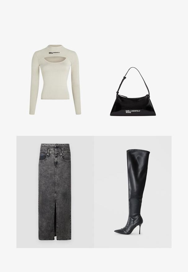 Top lung cu mânecă lungă de culoare bej deschis, cu o croială cu nervuri, gât înalt și detalii decupate, având logo-ul "KARL LAGERFELD JEANS" în negru.; Fustă maxi din denim negru, cu o deschidere frontală, având un tiv, găici pentru curea și două buzunare. Suprafață ușor texturată, cu zone estompate.; Gheată din piele neagră, până la genunchi, cu vârf ascuțit, toc subțire și accente decorative cu studuri pe lateral. Textură netedă și design elegant.; Geantă din piele patent neagră cu o formă triangulară, dotată cu un fermoar superior și o curea ajustabilă. Logo-ul "KARL LAGERFELD JEANS" în argintiu.