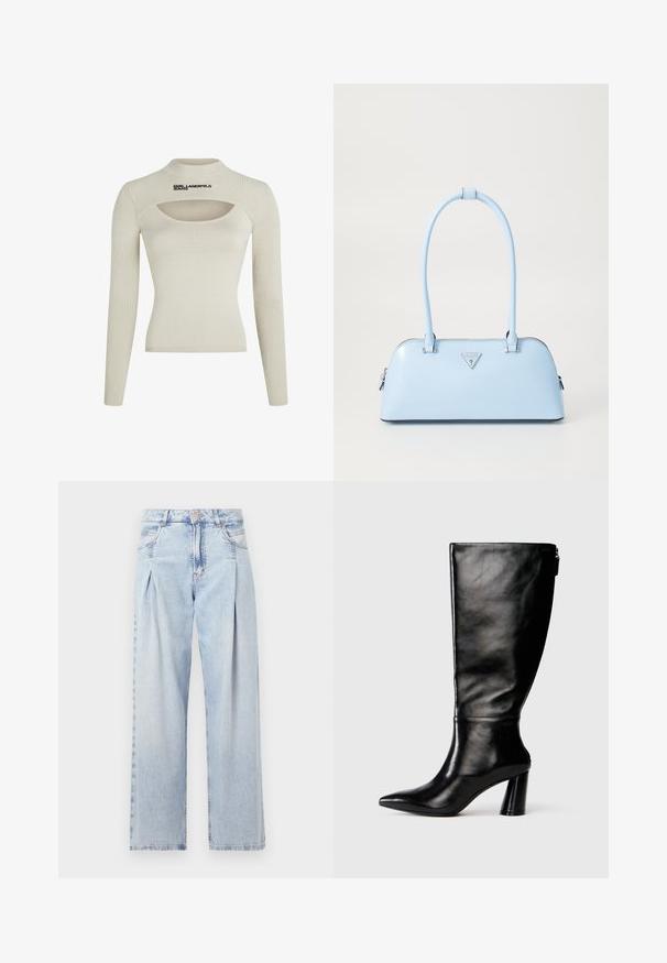 Svetlý béžový rebrovaný top s dlhým rukávom a vysokým golierom, s výrezom a čiernym logom "KARL LAGERFELD JEANS".; Svetlomodré džínsy s vysokým pásom, širším strihom po celej dĺžke, dvoma bočnými vreckami a skladaným dizajnom. Mäkka textúra s vyblednutým vzhľadom.; Čierna kožená čižma po kolená s špicatou špičkou, hladkou textúrou a masívnym opätkom. Obsahuje detail zipsu na zadnej strane.; Svetlomodrá kabelka so štruktúrovaným tvarom, vyrobená z hladkej kože, s dvoma uchami a trojuholníkovým logom značky na prednej strane. Zapínanie na zips.