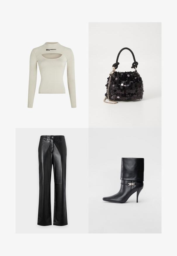 Maglietta a maniche lunghe ribbed color beige chiaro con colletto alto e dettaglio a taglio, con logo "KARL LAGERFELD JEANS" in nero.; Pantaloni in pelle nera con design a gamba dritta, dotati di chiusura frontale con bottone, passanti per cintura e una texture liscia e lucida.; Stivale ankle in pelle nera con punta affusolata, alto tacco a stiletto, risvolto sulla caviglia e un elegante dettaglio in oro con fibbia decorativa.; Mini borsa a tracolla nera in paillettes con una tracolla texturizzata annodata e catena argentata. Forma rotonda con parte superiore arricciata e dettagli riflettenti.