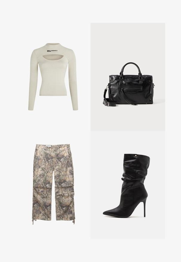 Hellbeige geripptes Langarmoberteil mit hohem Kragen und Cut-Out-Detail, ausgestattet mit dem schwarzen Logo "KARL LAGERFELD JEANS".; Tarnmuster-Hosen aus einem leichten Stoff, mit elastischem Bund, seitlichen Taschen und verstellbaren Kordelzügen an den Knöcheln.; Even&Odd Wide Fit High Heel Stiefelette - black; Schwarze Lederhandtasche mit zwei kurzen Griffen und einem abnehmbaren Schultergurt. Verfügt über eine Fronttasche mit Reißverschluss und metallene Akzente. Texturierte Oberfläche.