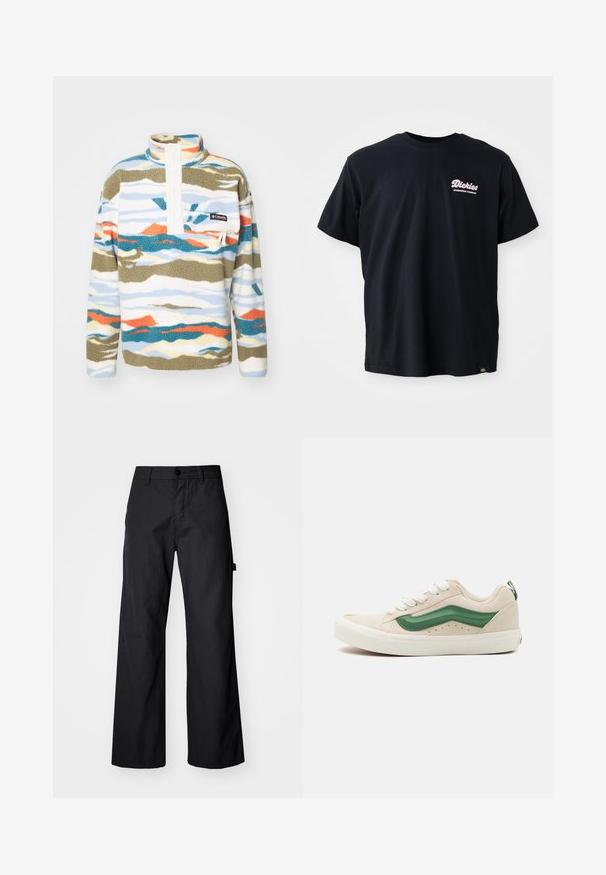 Vatos megztinis su daugiaspalviu raštu, kuriame matosi mėlynos, oranžinės ir žalios bangos, aukštas apykaklė, priekiniai mygtukai ir krūtinės kišenė su logotipu.; Juodas medvilnės marškinėliai trumpomis rankovėmis, apvaliu iškirpimu ir rožiniu logotipu kairiajame krūtinės kampe. Yra etiketė apatinėje kairėje siūlės pusėje.; Juodos, plačios kojinės kelnės, pagamintos iš tvirto audinio. Su mygtukų užsegimu ir šoninėmis kišenėmis. Sklandus paviršius su švariu dizainu.; Bežiniai zomšiniai sportbačiai su žaliais odiniais akcentais, apvaliu pirštu, baltais raiščiais ir tekstūruotais detalėmis šonuose. Matoma guminė padas.