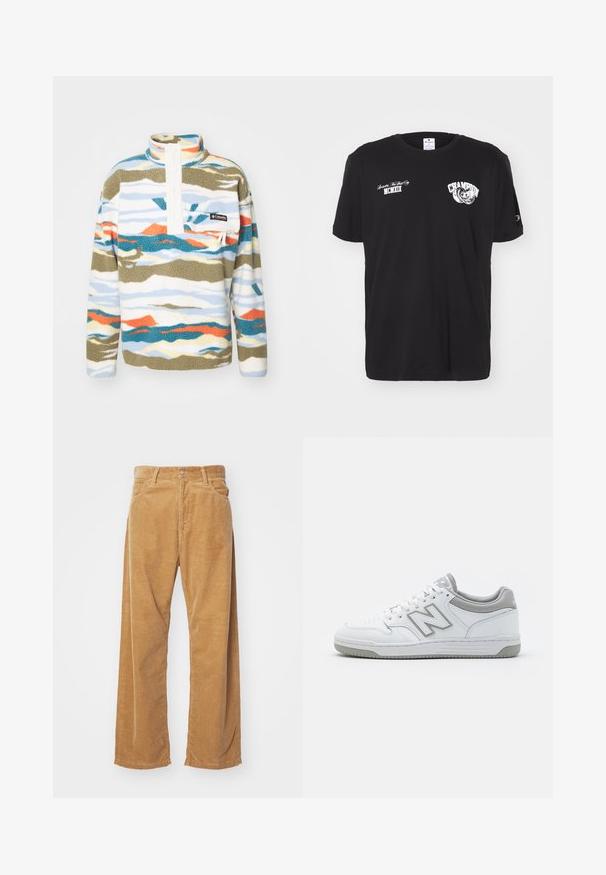 Flisepullover i flerfarget mønster med blå, oransje og grønne bølger, høy krage, frontknapper og en brystlomme med logo.; Svart bomull t-skjorte med korte ermer, rund hals, med hvit "Champion" logo og tekst trykket på forsiden og ermet.; Bredde benbukser i kordfløjl i en tanfarve. Har strukturerede, lodrette ribber, med en standard talje og to forlommer.; Hvite lær sneakers med grå detaljer, med perforert tåboks, flate lisser og et mønstret såle. New Balance-logo på siden.