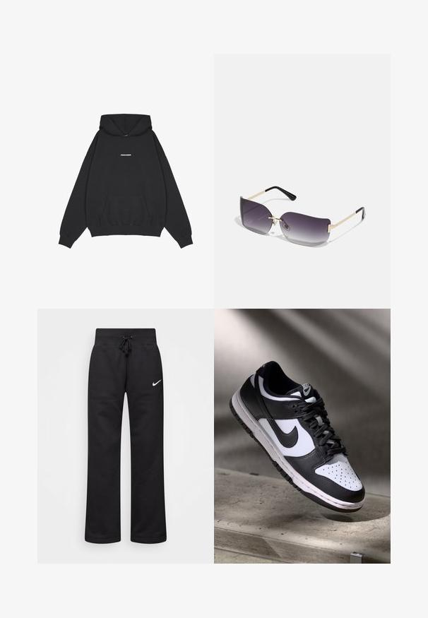 Pegador CLARITA - Pulover s kapuco - black/white; Črne trenirke iz mešanice bombaža, z elastičnim pasom na vrvico, ravnimi nogami in belim logotipom Nike na levi strani.; Črno-bel Nike Dunk Low čevelj z usnjenim zgornjim delom, perforiranim prstnim delom in črnimi vezalkami, z belim podplatom in logotipnimi detajli.; Sončne očala s sivo naravnanimi lečami, zlatim kovinskim okvirjem in črnimi plastičnimi detajli. Edinstvene leče v obliki metulja z tankimi ročaji.; Uhane nakit iz zlatastega tona z gladko, ukrivljeno zasnovo. Ima edinstveno koničasto obliko, polirano površino in zaponko s tečajem.