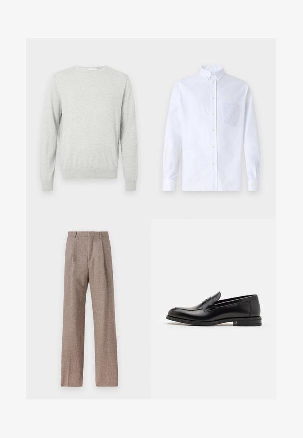 Light grey long-sleeve crewneck sweater with ribbed cuffs and hem, displayed on a plain background.; White long-sleeve button-up shirt made of cotton, featuring a chest pocket with tonal embroidery, a collar, and button cuffs.; Brown, high-waisted trousers made of textured fabric. Features wide legs and two front pleats for structure. Neat finish with no visible hardware.; Black leather loafers with a smooth texture, rounded toe, and a decorative strap across the vamp. Low stacked heel, minimalist design.