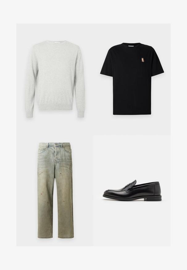 Maglione grigio chiaro a maniche lunghe con collo rotondo, con polsini e orlo a costine, esposto su uno sfondo neutro.; Maglietta nera a maniche corte con colletto tondo, con un piccolo logo ricamato di una volpe arancione a sinistra sul petto.; Jeans in denim strappato di colore verde chiaro, con gamba dritta, design a cinque tasche, sbiaditure irregolari e schizzi di vernice.; Mocassini neri in pelle con una texture liscia, punta arrotondata e una striscia decorativa sulla tomaia. Tacco basso impilato, design minimalista.
