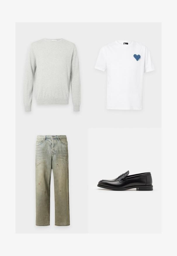 Hellgrauer langer Pullover mit Rundhalsausschnitt und gerippten Bündchen und Saum, auf einem schlichten Hintergrund präsentiert.; Weißes Baumwoll-T-Shirt mit einem blauen Denim-Herzen-Applikation auf der linken Brust. Kurze Ärmel und klassischer Rundhalsausschnitt.; Distressed Denim-Jeans in Hellgrün, mit geradem Bein, Fünf-Taschen-Design und ungleichmäßiger Ausbleichung sowie Farbspritzern.; Schwarze Lederloafers mit glatter Textur, rundem Zehenbereich und einem dekorativen Riemen über dem Vorderfuß. Niedriger, gestapelter Absatz, minimalistisches Design.