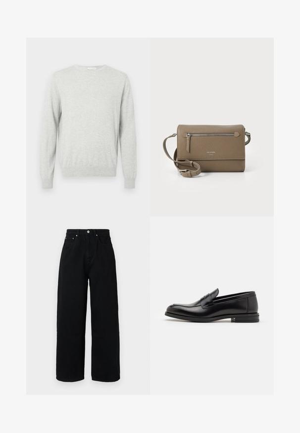 Lichtgrijs langarm crewneck sweater met geribde boorden en onderrand, weergegeven op een effen achtergrond.; Zwarte wijde broek van katoen, met een hoge taille, voorzakken, zilverkleurige knoop en een nette zoom.; Zwarte leren instappers met een gladde textuur, ronde neus en een decoratieve band over de wreef. Lage, gestapelde hak en minimalistisch ontwerp.; Taupe leren schoudertas met een ritsvak aan de voorkant, verstelbare band, geribbeld textuur en een verdiept logo aan de voorkant.