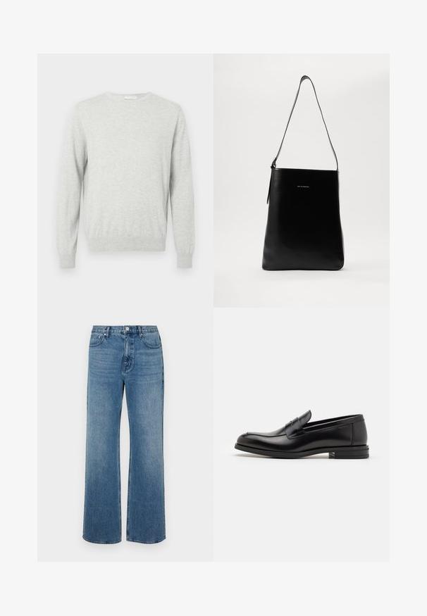 Svetlo šedý sveter s dlhým rukávom a okrúhlym výstrihom, s rebrovanými manžetami a lemom, zobrazený na jednoduchom pozadí.; Džínsy s širokými nohavicami vo farbe modrej, vyrobené z denimovej látky s vyblednutým vzhľadom. Obsahujú päť vreciek, predné zapínanie na gombík a rovný strih.; Čierne kožené mokasíny s hladkou textúrou, zaoblenou špičkou a dekoračným pásikom cez priehlavok. Nízky vrstvený opätok, minimalistický dizajn.; Čierna kožená ramenná taška s hladkou textúrou, obdĺžnikovým tvarom a dlhým popruhom; na strede sa nachádza malé biele logo.