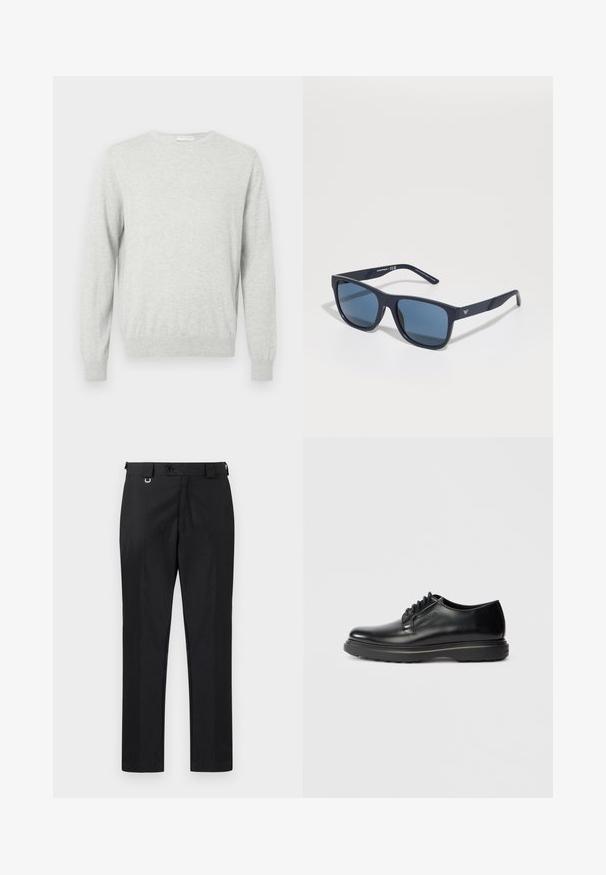 Lichtgrijs langarm crewneck sweater met geribde boorden en onderrand, weergegeven op een effen achtergrond.; Zwarte op maat gemaakte broeken met een rechte pasvorm, voorzien van een knoopsluiting en riemlussen. Gladde textuur met minimale details.; Zwarte leren veterschoen in Oxford-stijl met een dikke zool en "WATERMAN" in reliëf op de zijkant, getoond in profiel op een lichtgrijze achtergrond.; Blauwe rechthoekige zonnebril met donkere lenzen, matte marineblauwe montuur, logo-detail op de slaap, rechte pootjes en een solide, gladde textuur.