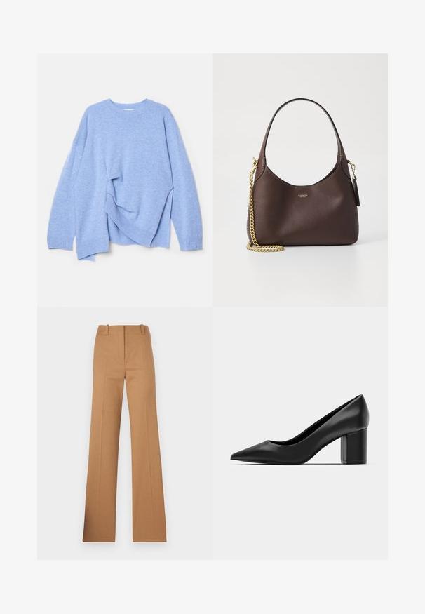 Svetlo modra pletena jopica z dolgimi rokavi in rebrastimi manšetami ter robom, prikazana na ravni površini, pri čemer je ena stran rahlo prepognjena navzgor.; HUGO HULANA - Hlače chino - open brown; Črne usnjene pete z ostrim nosom in masivnim kvadrataškim peto. Gladka textura, preprost dizajn, primeren za formalne priložnosti.; COACH BROOKLYN SHOULDER BAG 23 - Torbica - maple