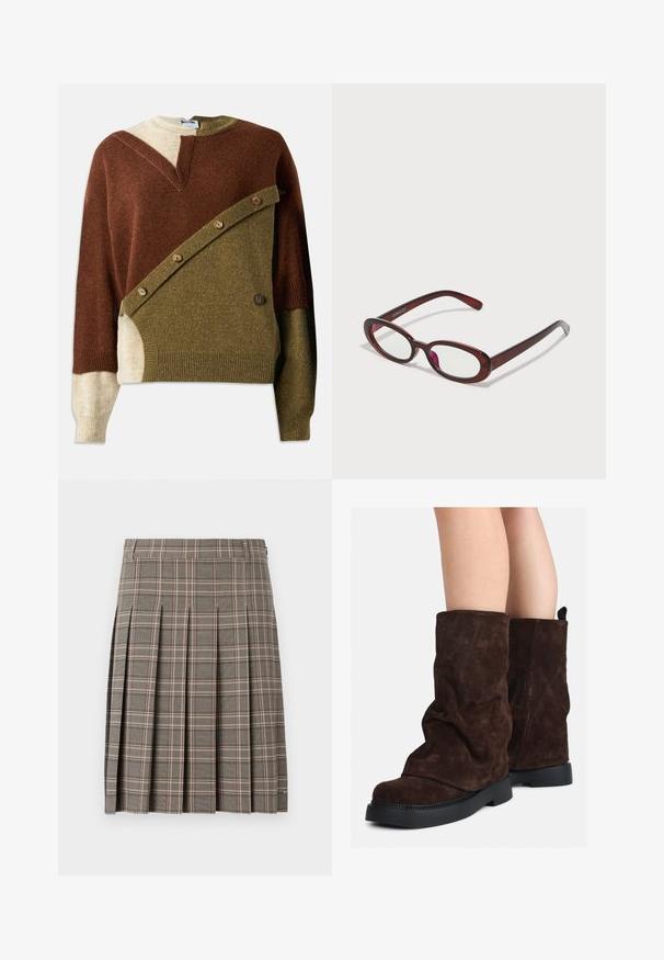 Sweter z dzianiny w odcieniach brązu, oliwkowej zieleni i beżu. Posiada unikalny diagonalny wzór z guzikami na przodzie.; Szara spódnica w kratę z plisami, z miksu ciemnych i jasnych odcieni oraz subtelnymi różowymi liniami. Uszyta z teksturowanej tkaniny z elastycznym pasem.; Brązowe zamszowe botki do połowy łydki z czarnymi gumowymi podeszwami noszone na nagich nogach, z lekkim marszczeniem na cholewkach.; Owalne czerwone okulary przeciwsłoneczne z przezroczystymi soczewkami i eleganckimi brązowymi oprawkami. Projekt charakteryzuje się subtelnymi krzywiznami i minimalną ilością elementów metalowych.