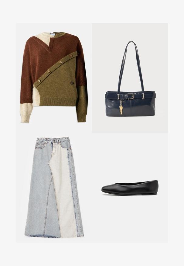 Maglione lavorato a maglia con una miscela di tonalità marrone, verde oliva e beige. Presenta un design diagonale unico con dettagli di bottoni sulla parte anteriore.; Gonna in denim con design patchwork, sezioni di blu chiaro e medio, orli sfilacciati e vita alta. Stile classico a cinque tasche.; Paul Smith TOPANGA - Ballerine - black; Borsa a mano in pelle blu con due manici lunghi, un dettaglio con fibbia e un portachiavi attaccato. Presenta una texture liscia e una forma rettangolare.