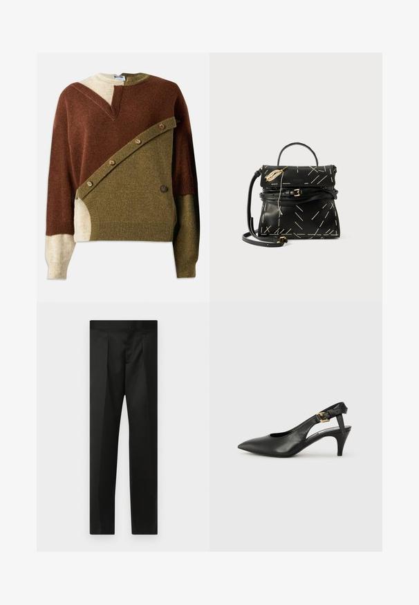 Knitted sweater featuring a mix of brown, olive green, and beige hues. Includes a unique diagonal design with button accents on the front.; Black trousers featuring a smooth fabric, tailored design, straight legs, and a flat waistband with no visible closures or pockets.; Black leather slingback pump with a pointed toe, small heel, and a buckle detail on the ankle strap. Smooth texture, minimalist design.; Black leather handbag with geometric white stitching, a top handle, and a detachable shoulder strap. Features gold accents and a zip closure.