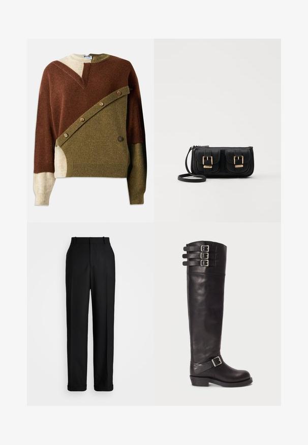 Striktrøje med en blanding af brune, olivengrønne og beige nuancer. Indeholder et unikt diagonalt design med knapdetaljer på forsiden.; Polo Ralph Lauren HIGH RISE RELAXED STRAIGHT TROUSER - Bukser - black; Sorte læder støvler til knæene med rund tå, tre spændebånd øverst og en detalje med sidebuckle. Flad sål og glat tekstur.; Sort læder crossbody taske med to frontlommer, guldspænder, lynlåslukning og en slank rem. Struktureret overflade og kompakt rektangulær form.