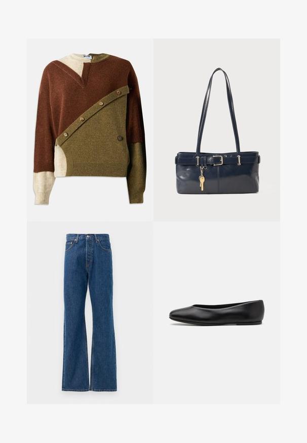 Pull en laine présentant un mélange de teintes marron, vert olive et beige. Comprend un design diagonal unique avec des accents de boutons à l'avant.; Jean flare en denim bleu avec taille haute, comportant cinq poches, une fermeture à bouton en métal argenté et des accents de couture visibles.; Paul Smith TOPANGA - Ballerines - black; Sac à main en cuir bleu marine avec deux longues poignées, un détail de boucle et un porte-clés accroché. Il présente une texture lisse et une forme rectangulaire.