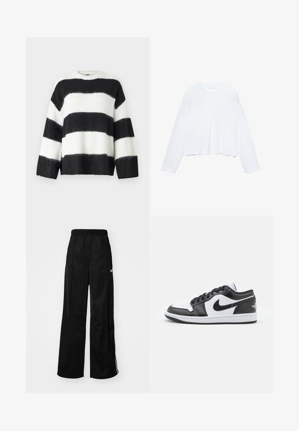 Svartvit randig tröja med lös passform, rund halsringning och långa ärmar; tillverkad av mjukt, lurvigt material.; Långärmad vit croppad t-shirt, tillverkad av mjukt material, har rund hals och en avslappnad passform med manschetterade ärmar. Enkel och ren design.; Svarta byxor med vida ben i tracksuit-stil med elastisk midja, prydda med vita sidostråk och en liten logotyp på vänster höft. Slät tygtextur.; Svarta och vita Nike låga sneakers har en slät läderöverdel, rund tå, snörning och en mönstrad gummisula.